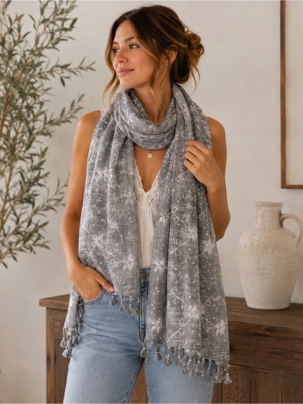 Gray Floral Embroidered Scarf Beaded Fringe Office Boho Cottagecore Lightweight